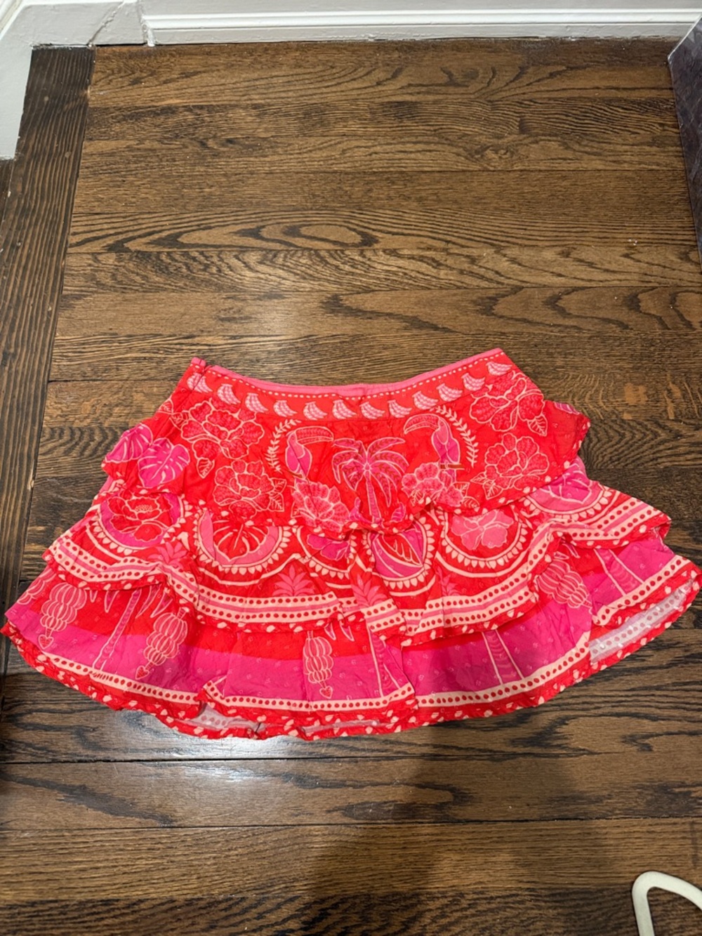 FARM Rio Red and Hot Pink Floral Tiered Ruffle Skirt